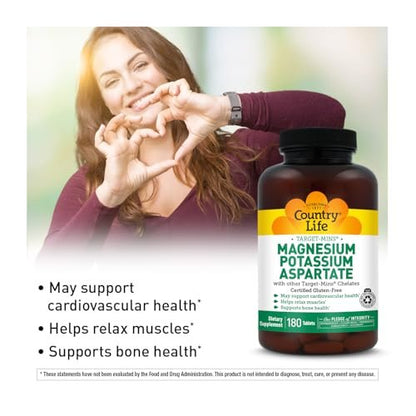Country Life Magnesium- und Kaliumpräparat für Herzgesundheit, Immunsystem und Knochen – 180 Tabletten, glutenfrei