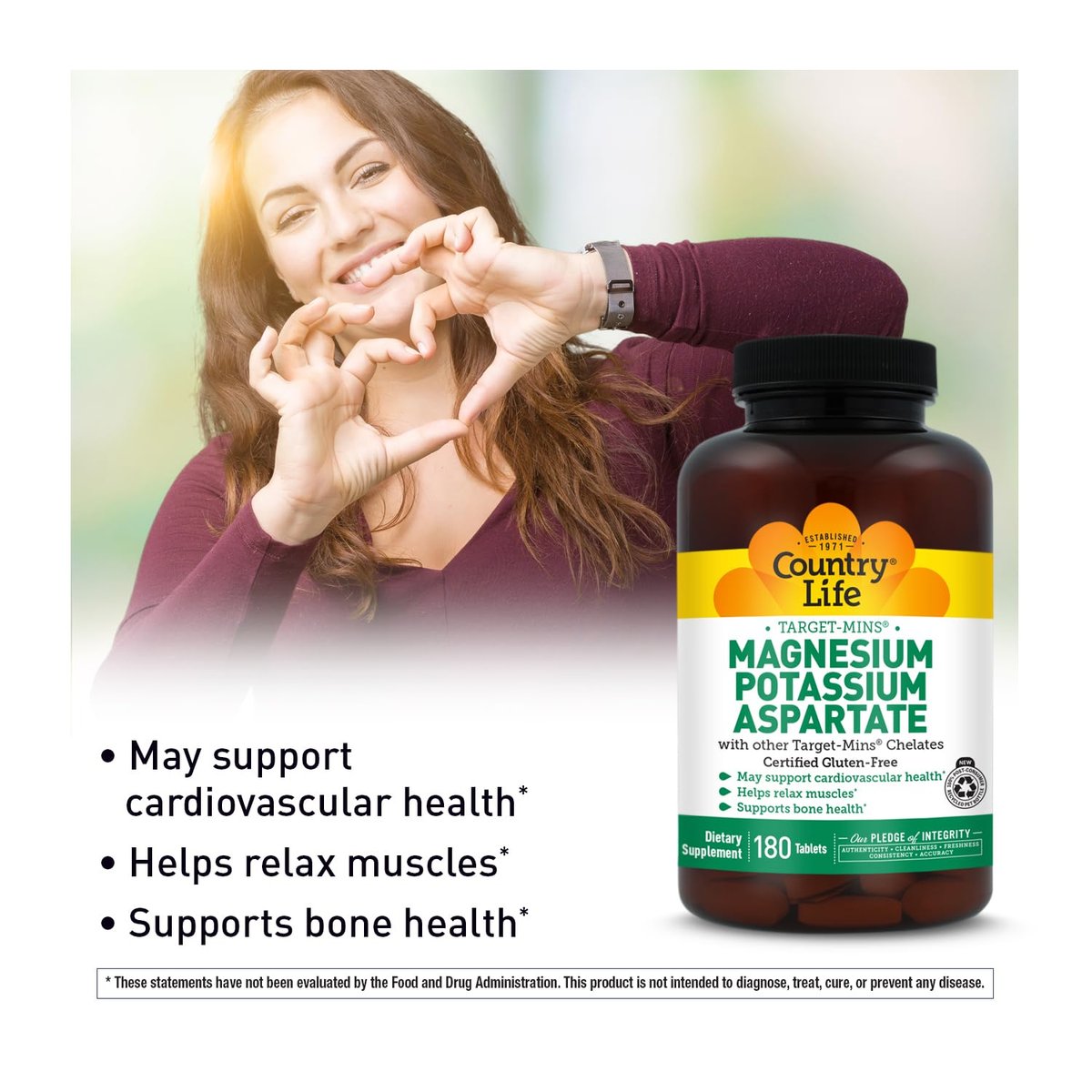 Country Life Magnesium- und Kaliumpräparat für Herzgesundheit, Immunsystem und Knochen – 180 Tabletten, glutenfrei