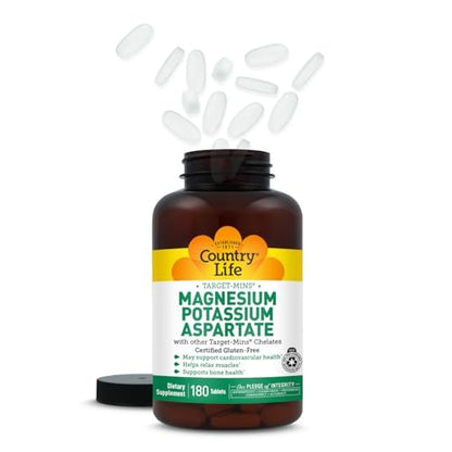 Country Life Magnesium- und Kaliumpräparat für Herzgesundheit, Immunsystem und Knochen – 180 Tabletten, glutenfrei