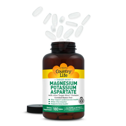 Country Life Magnesium- und Kaliumpräparat für Herzgesundheit, Immunsystem und Knochen – 180 Tabletten, glutenfrei