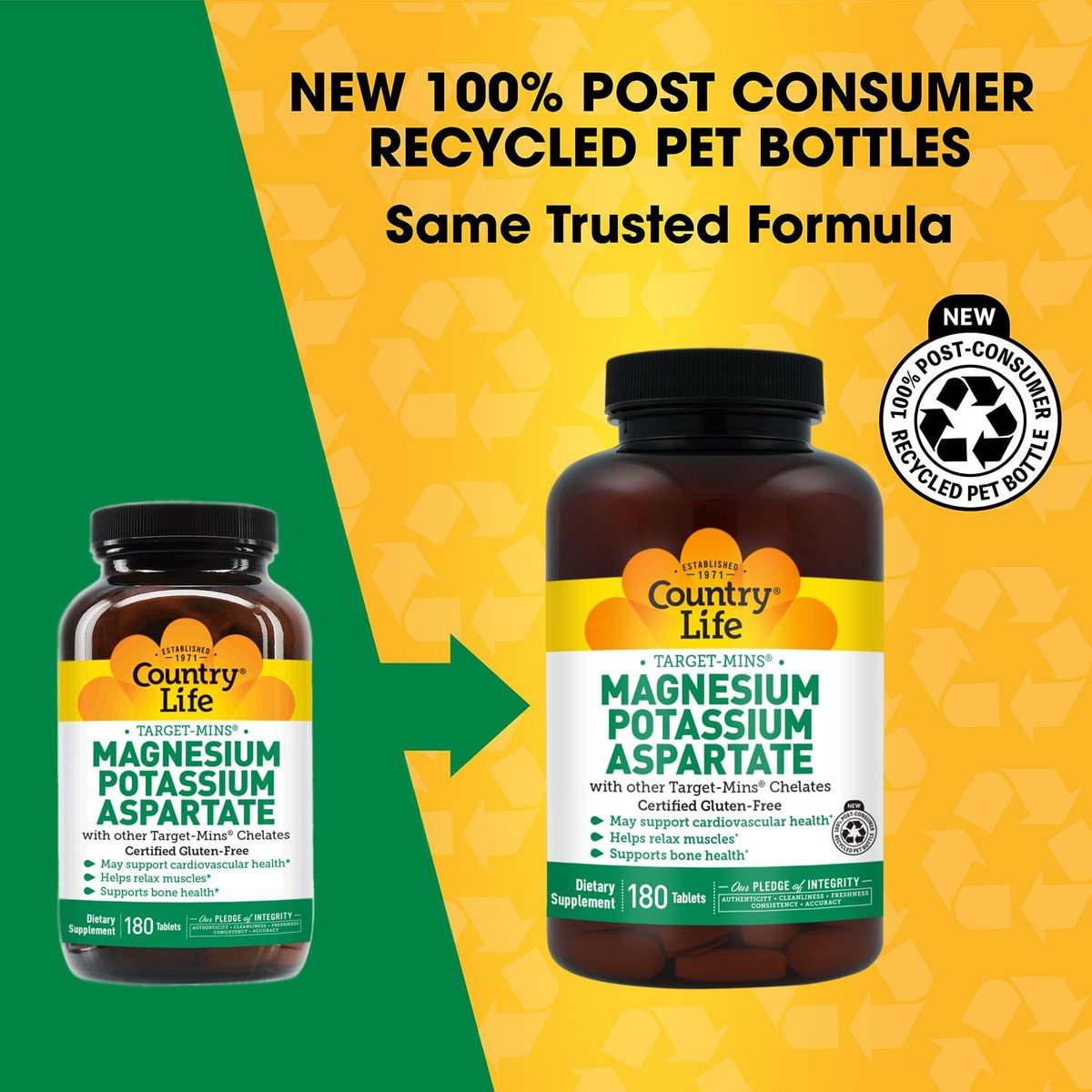 Country Life Magnesium- und Kaliumpräparat für Herzgesundheit, Immunsystem und Knochen – 180 Tabletten, glutenfrei