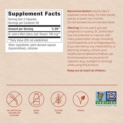 Nature's Way Johanniskraut Kapseln, pflanzliches Nahrungsergänzungsmittel für eine positive Stimmung*, 700 mg pro 2-Kapsel-Portion, Non-GMO Project verifiziert, vegan, 180 Kapseln