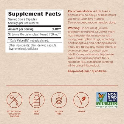 Nature's Way Johanniskraut Kapseln, pflanzliches Nahrungsergänzungsmittel für eine positive Stimmung*, 700 mg pro 2-Kapsel-Portion, Non-GMO Project verifiziert, vegan, 180 Kapseln