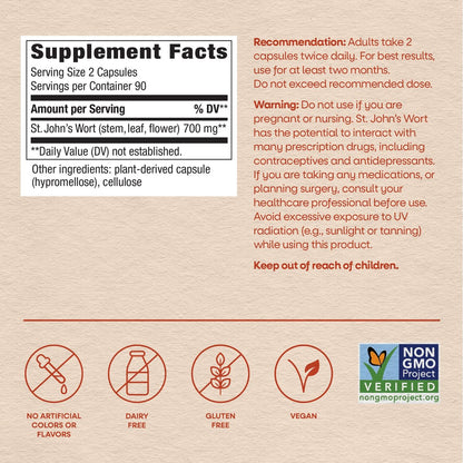 Nature's Way Johanniskraut Kapseln, pflanzliches Nahrungsergänzungsmittel für eine positive Stimmung*, 700 mg pro 2-Kapsel-Portion, Non-GMO Project verifiziert, vegan, 180 Kapseln