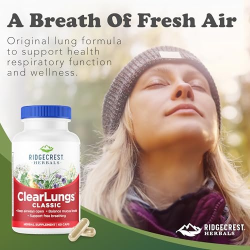 RidgeCrest Herbals ClearLungs Classic – Tägliches Kräuterergänzungsmittel für natürliche Lungen- und Nasengesundheit, Bronchial-, Atemwegs-, Immun-, Nasennebenhöhlen- und Schleimunterstützung (60 vegane Kapseln, 30 Portionen)