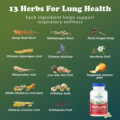 RidgeCrest Herbals ClearLungs Classic – Tägliches Kräuterergänzungsmittel für natürliche Lungen- und Nasengesundheit, Bronchial-, Atemwegs-, Immun-, Nasennebenhöhlen- und Schleimunterstützung (60 vegane Kapseln, 30 Portionen)