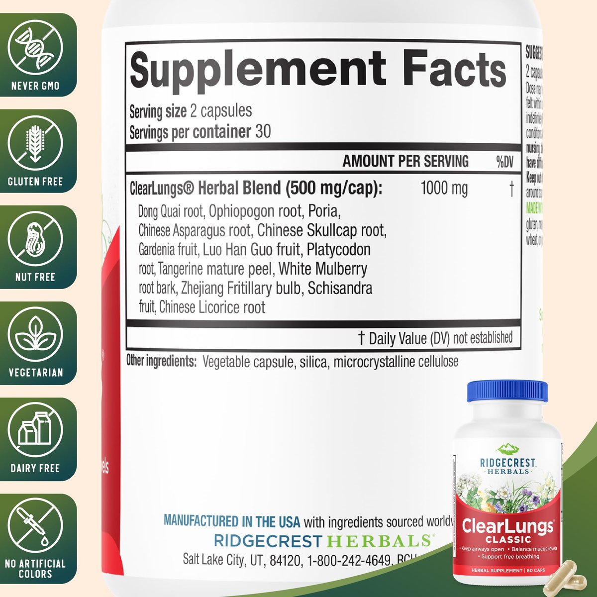 RidgeCrest Herbals ClearLungs Classic – Tägliches Kräuterergänzungsmittel für natürliche Lungen- und Nasengesundheit, Bronchial-, Atemwegs-, Immun-, Nasennebenhöhlen- und Schleimunterstützung (60 vegane Kapseln, 30 Portionen)