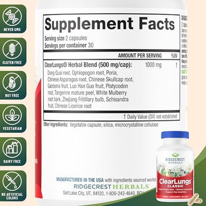 RidgeCrest Herbals ClearLungs Classic – Tägliches Kräuterergänzungsmittel für natürliche Lungen- und Nasengesundheit, Bronchial-, Atemwegs-, Immun-, Nasennebenhöhlen- und Schleimunterstützung (60 vegane Kapseln, 30 Portionen)