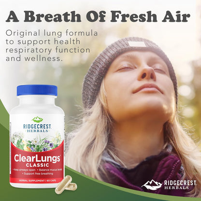 RidgeCrest Herbals ClearLungs Classic – Tägliches Kräuterergänzungsmittel für natürliche Lungen- und Nasengesundheit, Bronchial-, Atemwegs-, Immun-, Nasennebenhöhlen- und Schleimunterstützung (60 vegane Kapseln, 30 Portionen)