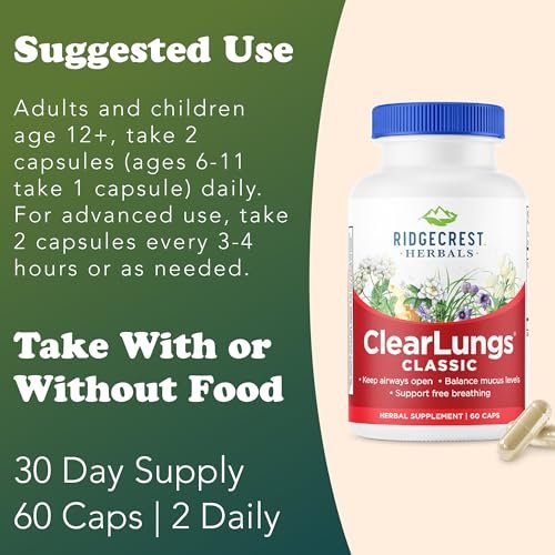 RidgeCrest Herbals ClearLungs Classic – Tägliches Kräuterergänzungsmittel für natürliche Lungen- und Nasengesundheit, Bronchial-, Atemwegs-, Immun-, Nasennebenhöhlen- und Schleimunterstützung (60 vegane Kapseln, 30 Portionen)