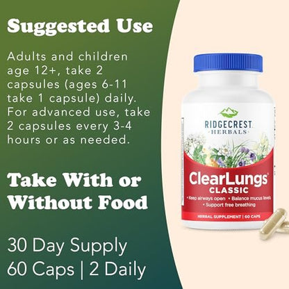 RidgeCrest Herbals ClearLungs Classic – Tägliches Kräuterergänzungsmittel für natürliche Lungen- und Nasengesundheit, Bronchial-, Atemwegs-, Immun-, Nasennebenhöhlen- und Schleimunterstützung (60 vegane Kapseln, 30 Portionen)