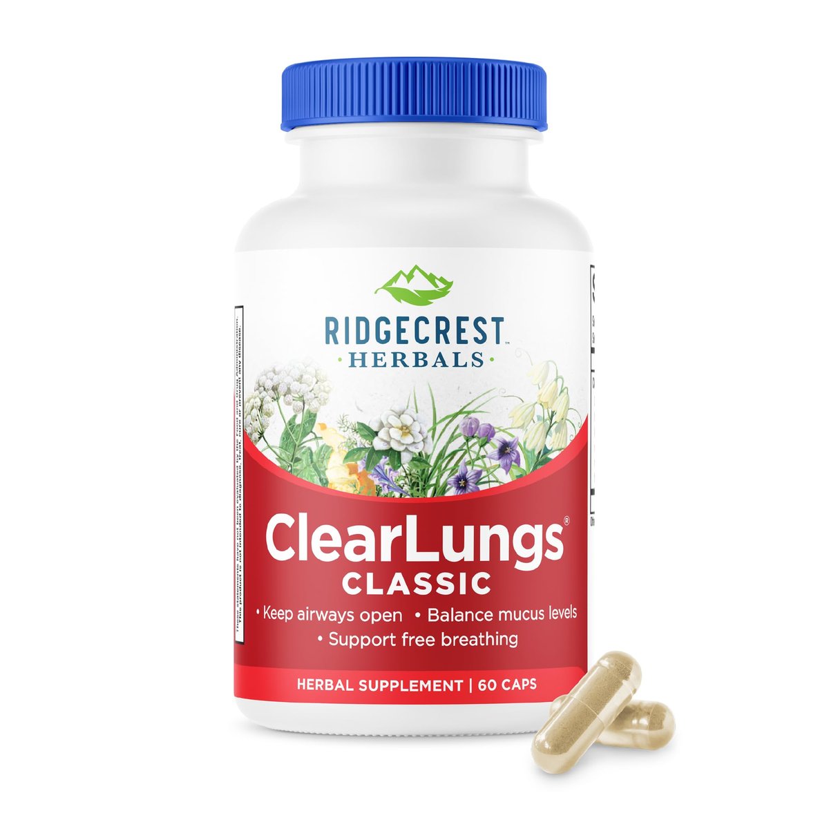 RidgeCrest Herbals ClearLungs Classic – Tägliches Kräuterergänzungsmittel für natürliche Lungen- und Nasengesundheit, Bronchial-, Atemwegs-, Immun-, Nasennebenhöhlen- und Schleimunterstützung (60 vegane Kapseln, 30 Portionen)