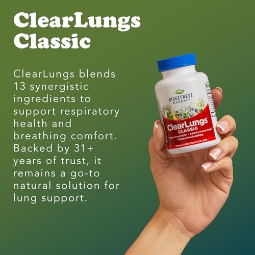 RidgeCrest Herbals ClearLungs Classic – Tägliches Kräuterergänzungsmittel für natürliche Lungen- und Nasengesundheit, Bronchial-, Atemwegs-, Immun-, Nasennebenhöhlen- und Schleimunterstützung (60 vegane Kapseln, 30 Portionen)
