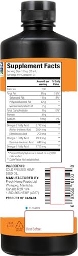Manitoba Harvest Hanföl, kaltgepresst, Premium-Qualität, 12 g Omega 3 & 6 pro Portion, 355 ml