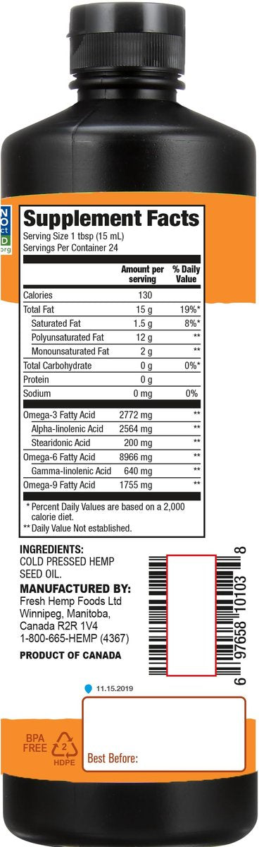 Manitoba Harvest Hanföl, kaltgepresst, Premium-Qualität, 12 g Omega 3 & 6 pro Portion, 355 ml