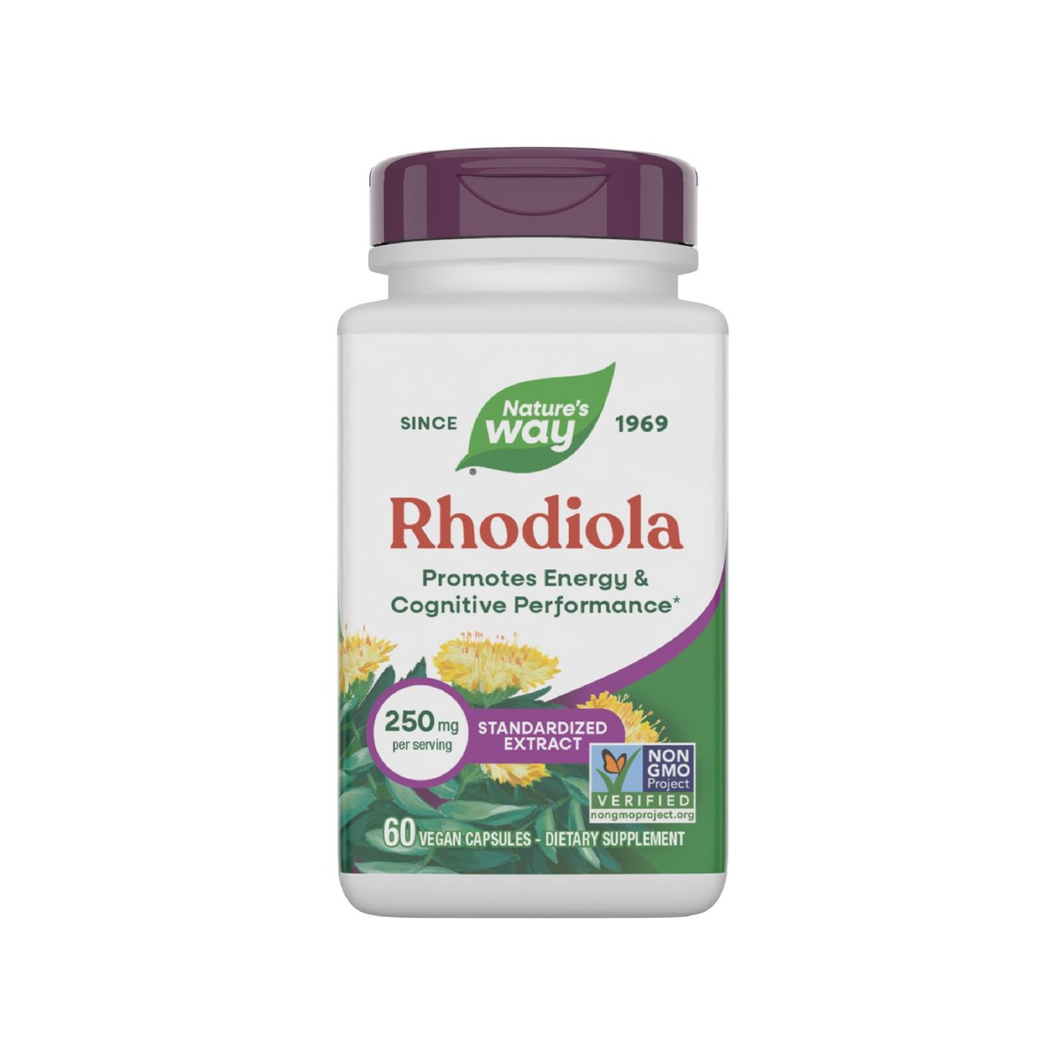 Nature's Way Rhodiola Premium Extrakt - 250 mg pro Portion, unterstützt Energie und kognitive Leistung*, adaptogenes Kraut*, Non-GMO Project verifiziert, vegan, glutenfrei, 60 Kapseln