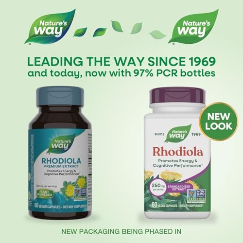 Nature's Way Rhodiola Premium Extrakt - 250 mg pro Portion, unterstützt Energie und kognitive Leistung*, adaptogenes Kraut*, Non-GMO Project verifiziert, vegan, glutenfrei, 60 Kapseln