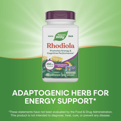 Nature's Way Rhodiola Premium Extrakt - 250 mg pro Portion, unterstützt Energie und kognitive Leistung*, adaptogenes Kraut*, Non-GMO Project verifiziert, vegan, glutenfrei, 60 Kapseln