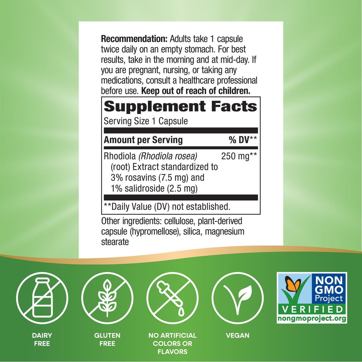 Nature's Way Rhodiola Premium Extrakt - 250 mg pro Portion, unterstützt Energie und kognitive Leistung*, adaptogenes Kraut*, Non-GMO Project verifiziert, vegan, glutenfrei, 60 Kapseln