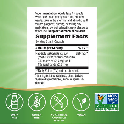 Nature's Way Rhodiola Premium Extrakt - 250 mg pro Portion, unterstützt Energie und kognitive Leistung*, adaptogenes Kraut*, Non-GMO Project verifiziert, vegan, glutenfrei, 60 Kapseln