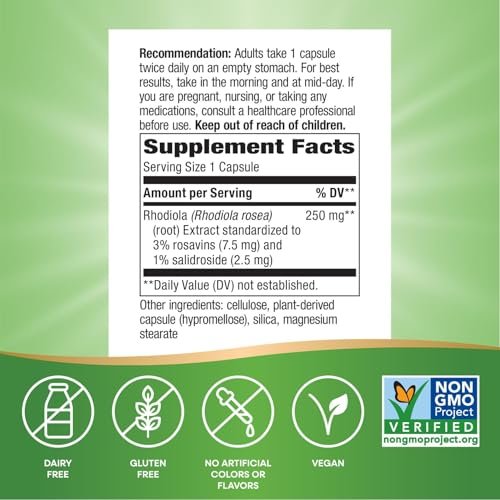 Nature's Way Rhodiola Premium Extrakt - 250 mg pro Portion, unterstützt Energie und kognitive Leistung*, adaptogenes Kraut*, Non-GMO Project verifiziert, vegan, glutenfrei, 60 Kapseln