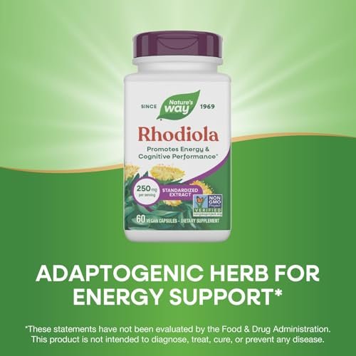 Nature's Way Rhodiola Premium Extrakt - 250 mg pro Portion, unterstützt Energie und kognitive Leistung*, adaptogenes Kraut*, Non-GMO Project verifiziert, vegan, glutenfrei, 60 Kapseln