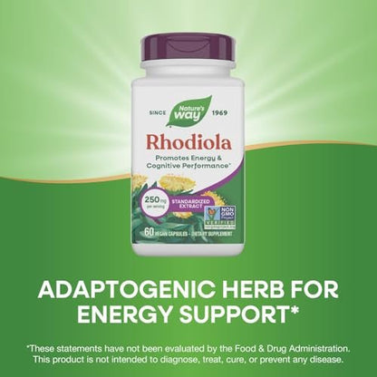 Nature's Way Rhodiola Premium Extrakt - 250 mg pro Portion, unterstützt Energie und kognitive Leistung*, adaptogenes Kraut*, Non-GMO Project verifiziert, vegan, glutenfrei, 60 Kapseln