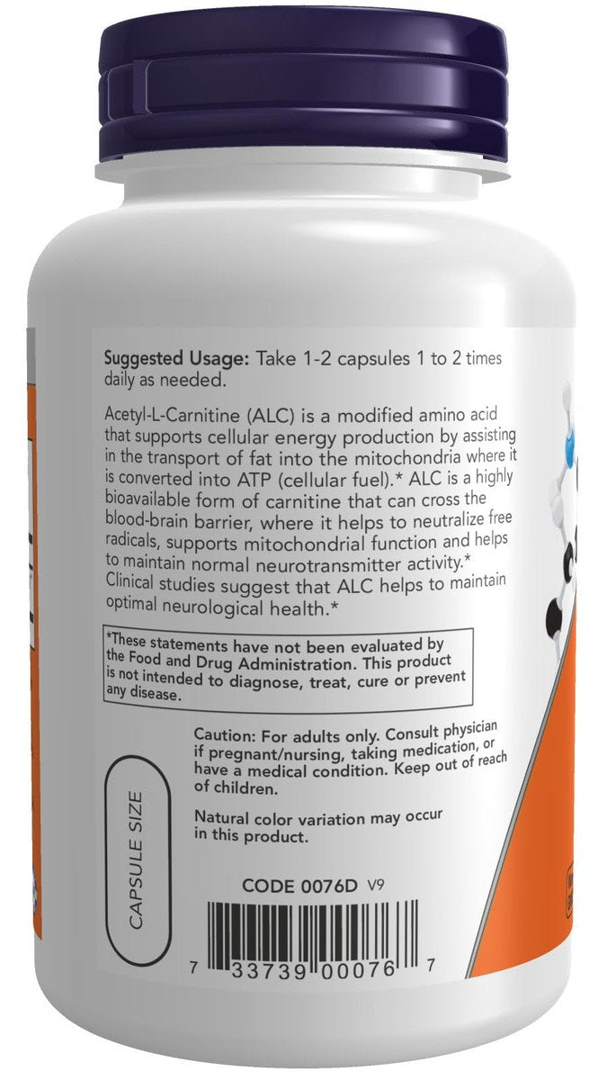 NOW Foods Acetyl L-Carnitin 500 mg – 100 Kapseln, Nahrungsergänzungsmittel