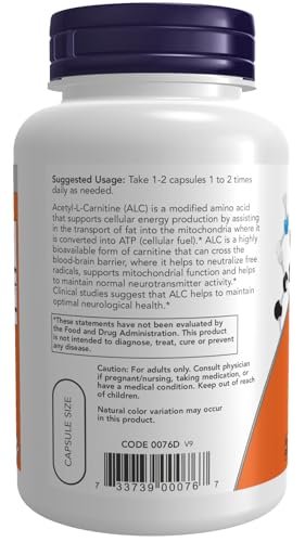 NOW Foods Acetyl L-Carnitin 500 mg – 100 Kapseln, Nahrungsergänzungsmittel