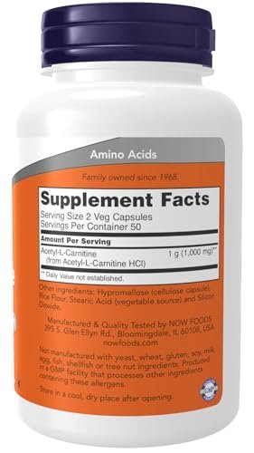 NOW Foods Acetyl L-Carnitin 500 mg – 100 Kapseln, Nahrungsergänzungsmittel