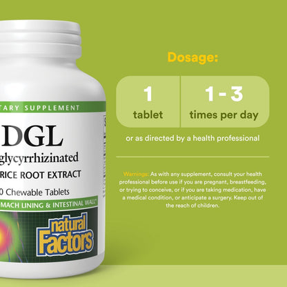 Natural Factors DGL Lutschtabletten – Verdauungsunterstützung mit Süßholzwurzelextrakt – Lutschtabletten zur Unterstützung der Magenschleimhaut und -gesundheit – Nicht-GVO & glutenfrei – 90 Lutschtabletten (90 Portionen)