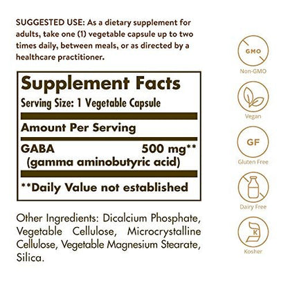 Solgar GABA 500 mg – 100 vegane Kapseln zur Unterstützung von Entspannung und Nervensystem – Nicht-GVO, glutenfrei, laktosefrei, koscher – 100 Portionen