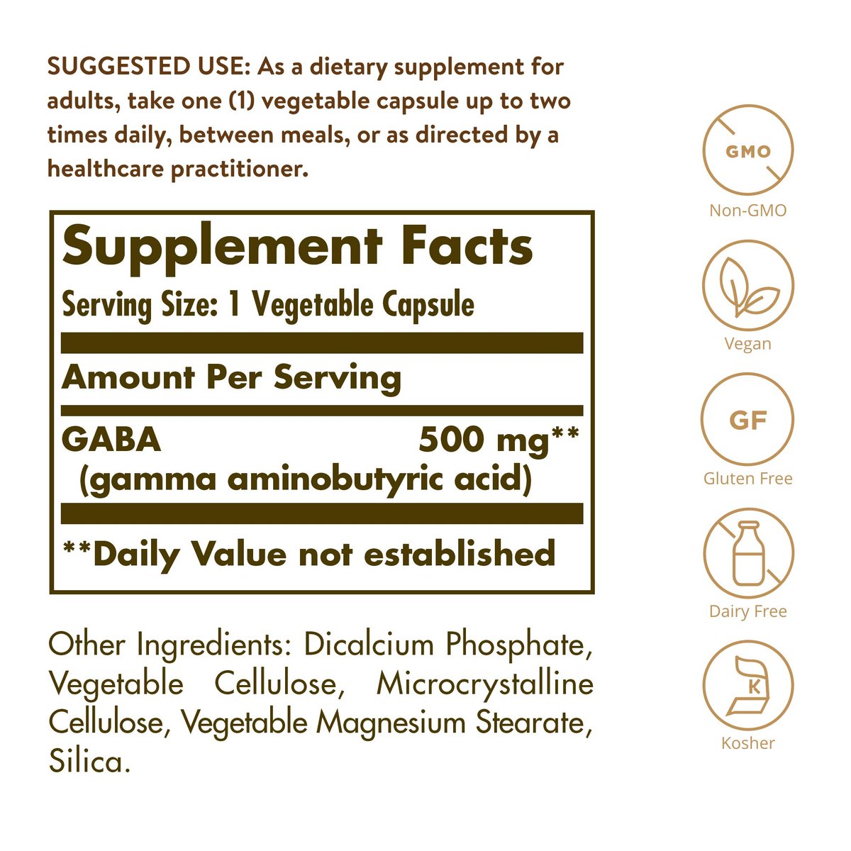 Solgar GABA 500 mg – 100 vegane Kapseln zur Unterstützung von Entspannung und Nervensystem – Nicht-GVO, glutenfrei, laktosefrei, koscher – 100 Portionen