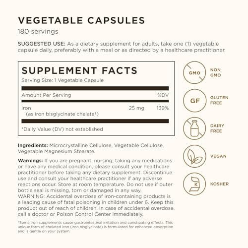 Solgar Sanftes Eisen, 180 vegane Kapseln – Ideal für empfindliche Mägen, nicht verstopfend, rotes Blutkörperchen-Supplement, Non-GMO, glutenfrei, laktosefrei, koscher – 180 Portionen