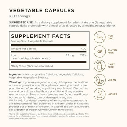 Solgar Sanftes Eisen, 180 vegane Kapseln – Ideal für empfindliche Mägen, nicht verstopfend, rotes Blutkörperchen-Supplement, Non-GMO, glutenfrei, laktosefrei, koscher – 180 Portionen