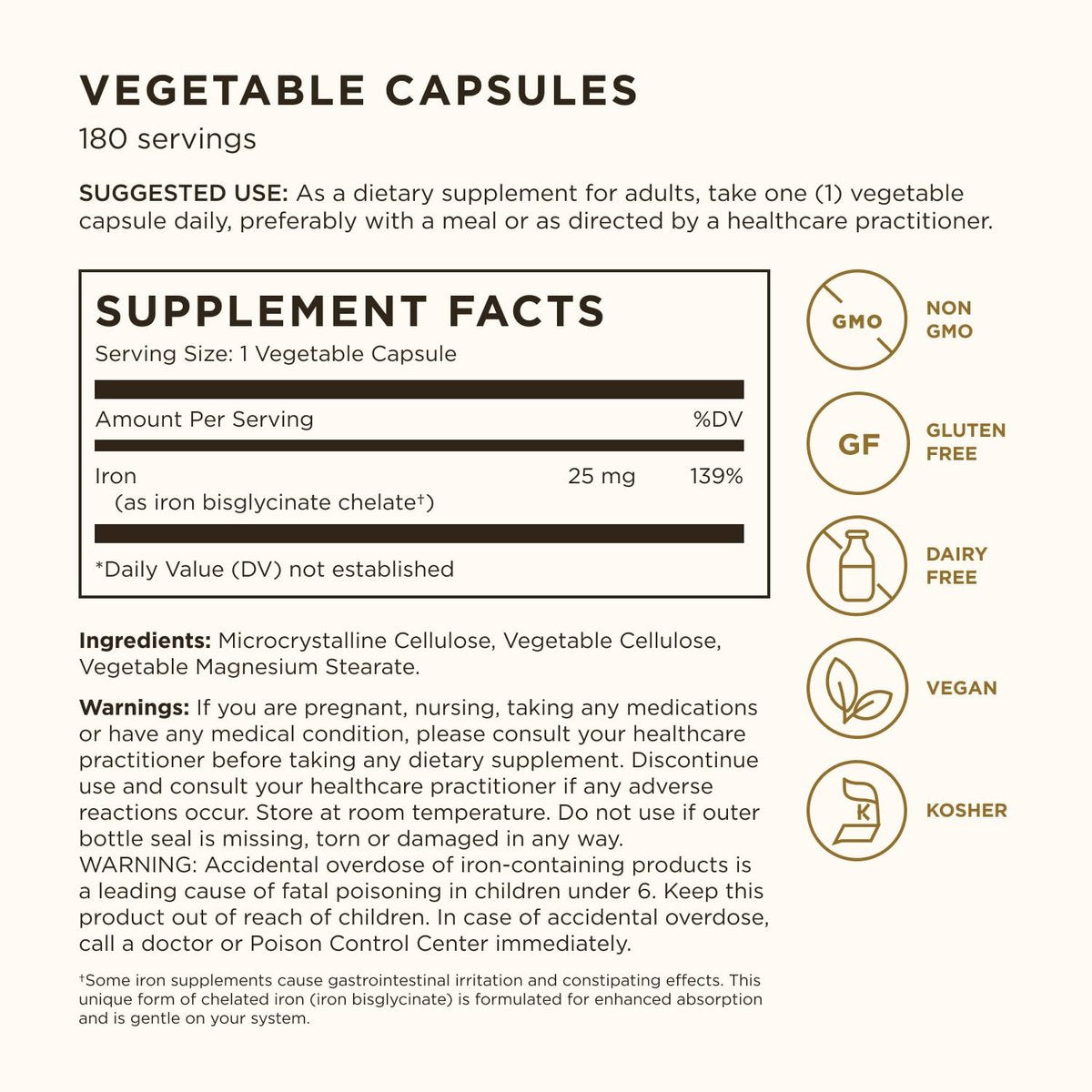 Solgar Sanftes Eisen, 180 vegane Kapseln – Ideal für empfindliche Mägen, nicht verstopfend, rotes Blutkörperchen-Supplement, Non-GMO, glutenfrei, laktosefrei, koscher – 180 Portionen