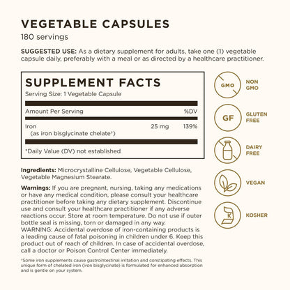 Solgar Sanftes Eisen, 180 vegane Kapseln – Ideal für empfindliche Mägen, nicht verstopfend, rotes Blutkörperchen-Supplement, Non-GMO, glutenfrei, laktosefrei, koscher – 180 Portionen