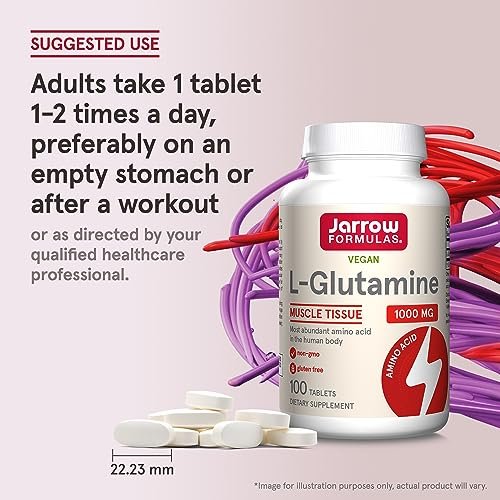 Jarrow Formulas L-Glutamin 1000 mg – Nahrungsergänzungsmittel für Muskelgewebe, multifunktionale Aminosäure, Immununterstützung, 100 Easy-Solv Tabletten, 50-100 Tage Versorgung