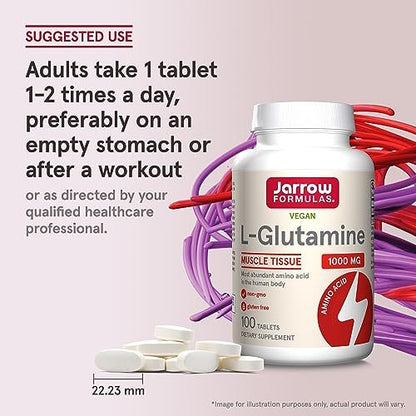 Jarrow Formulas L-Glutamin 1000 mg – Nahrungsergänzungsmittel für Muskelgewebe, multifunktionale Aminosäure, Immununterstützung, 100 Easy-Solv Tabletten, 50-100 Tage Versorgung