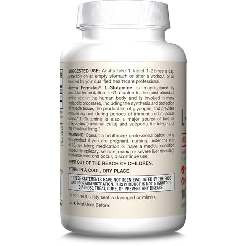 Jarrow Formulas L-Glutamin 1000 mg – Nahrungsergänzungsmittel für Muskelgewebe, multifunktionale Aminosäure, Immununterstützung, 100 Easy-Solv Tabletten, 50-100 Tage Versorgung