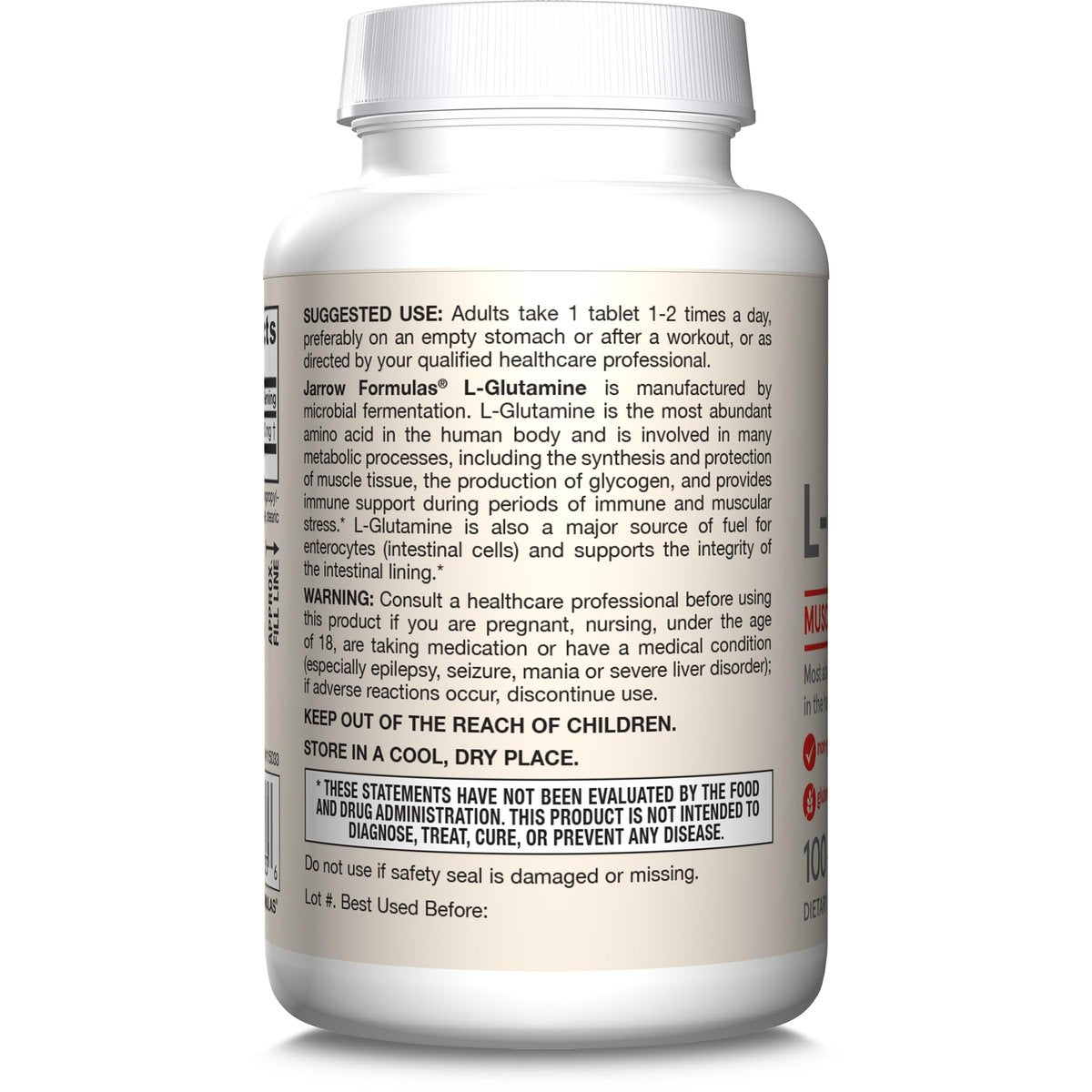 Jarrow Formulas L-Glutamin 1000 mg – Nahrungsergänzungsmittel für Muskelgewebe, multifunktionale Aminosäure, Immununterstützung, 100 Easy-Solv Tabletten, 50-100 Tage Versorgung