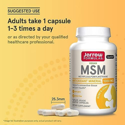 Jarrow Formulas MSM 1000 mg – 200 vegane Kapseln – Methylsulfonylmethan – Schwefelquelle – Nahrungsergänzungsmittel für starke Gelenke – bis zu 200 Portionen