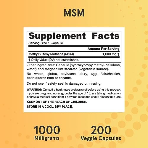 Jarrow Formulas MSM 1000 mg – 200 vegane Kapseln – Methylsulfonylmethan – Schwefelquelle – Nahrungsergänzungsmittel für starke Gelenke – bis zu 200 Portionen