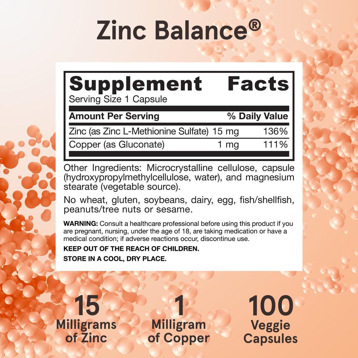 Jarrow Formulas Zinc Balance 15 mg – 100 Kapseln – Zink mit Kupfer – Essentielle Mineralien zur Unterstützung des Immunsystems – Glutenfrei, vegan