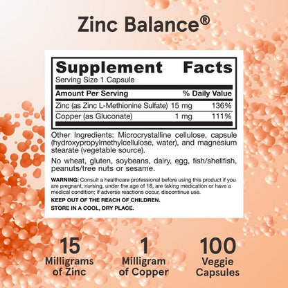 Jarrow Formulas Zinc Balance 15 mg – 100 Kapseln – Zink mit Kupfer – Essentielle Mineralien zur Unterstützung des Immunsystems – Glutenfrei, vegan