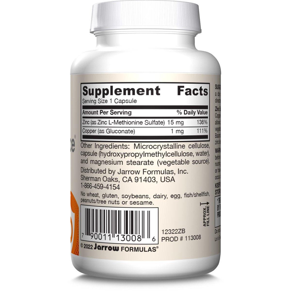 Jarrow Formulas Zinc Balance 15 mg – 100 Kapseln – Zink mit Kupfer – Essentielle Mineralien zur Unterstützung des Immunsystems – Glutenfrei, vegan