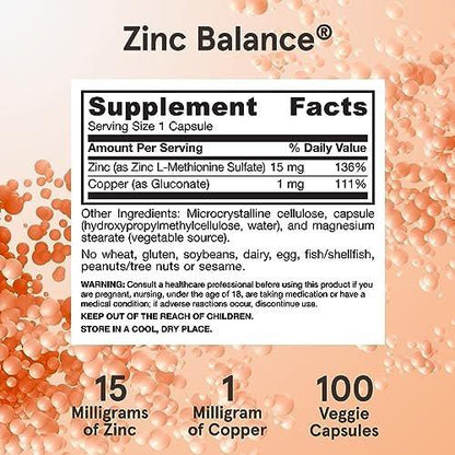 Jarrow Formulas Zinc Balance 15 mg – 100 Kapseln – Zink mit Kupfer – Essentielle Mineralien zur Unterstützung des Immunsystems – Glutenfrei, vegan