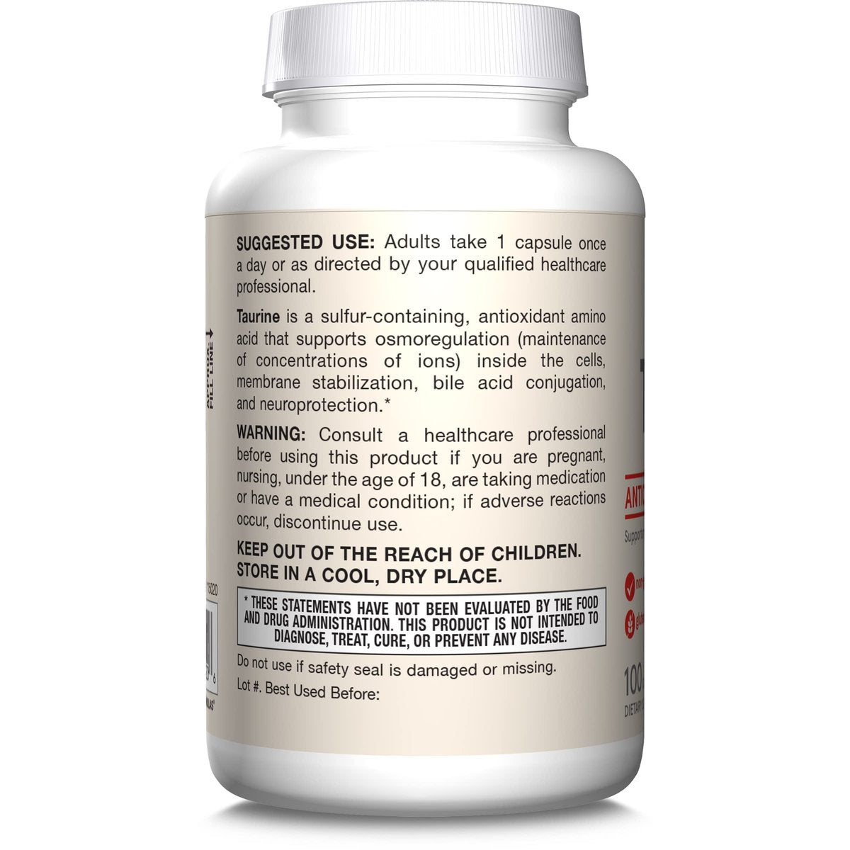 Jarrow Formulas® Taurin 1000 mg – Nahrungsergänzungsmittel, Aminosäure zur Unterstützung der Gehirngesundheit, 100 Kapseln, 100-Tage-Vorrat