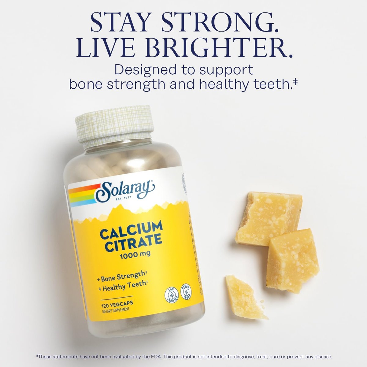 Solaray Calcium Citrat 1000 mg – Chelat-Calcium für Knochen & Zähne, leicht verdaulich, vegan – 120 Kapseln