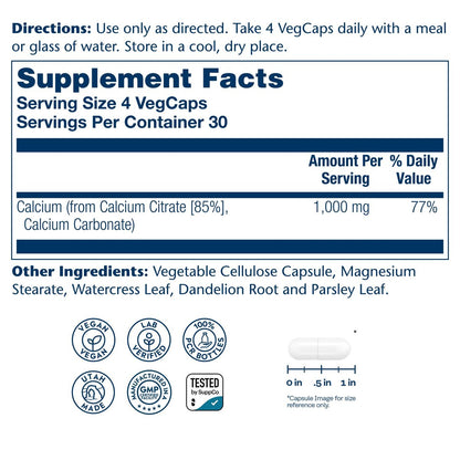Solaray Calcium Citrat 1000 mg – Chelat-Calcium für Knochen & Zähne, leicht verdaulich, vegan – 120 Kapseln